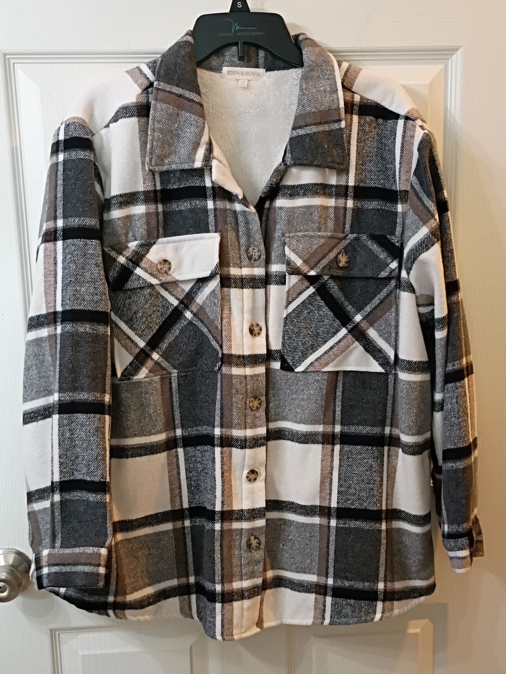 Eden & Olivia Neutral Plaid Sherpa-Lined Jacket - Black, Gray, Cream